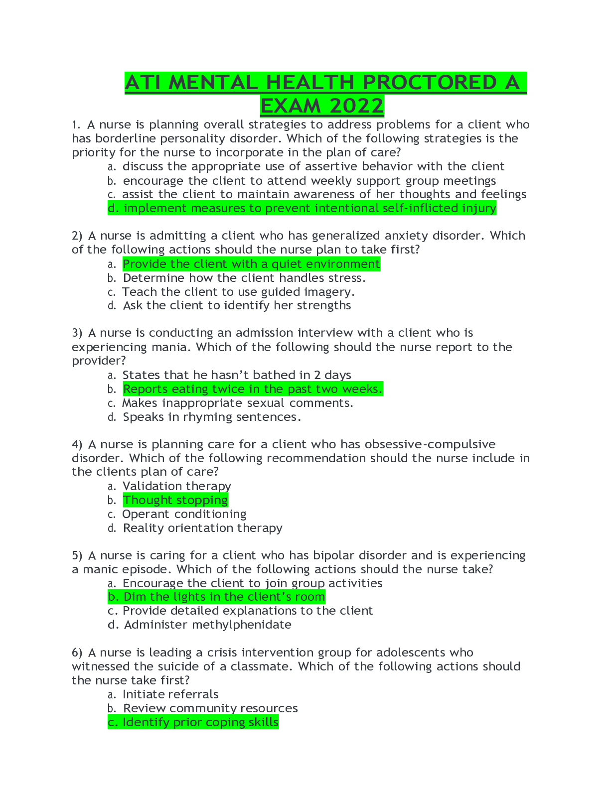 Preview image for ATI MENTAL HEALTH PROCTORED A EXAM 2022